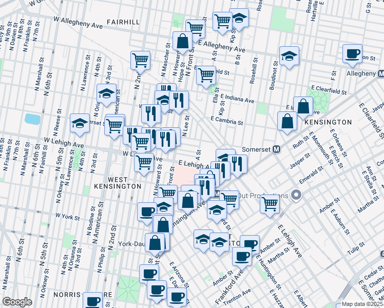 map of restaurants, bars, coffee shops, grocery stores, and more near 43 East Silver Street in Philadelphia