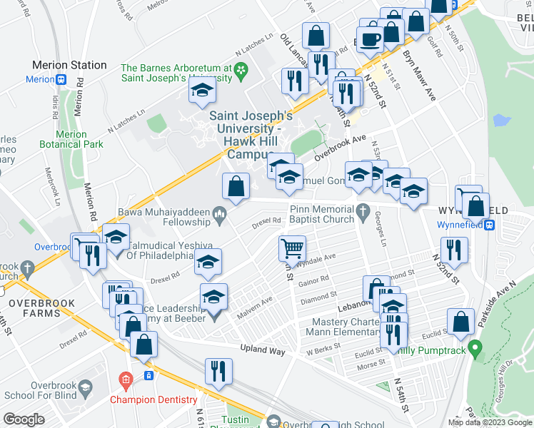 map of restaurants, bars, coffee shops, grocery stores, and more near 5723 Drexel Rd in Philadelphia