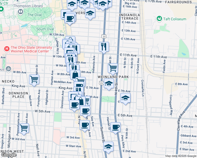 map of restaurants, bars, coffee shops, grocery stores, and more near 1393 Peters Alley in Columbus