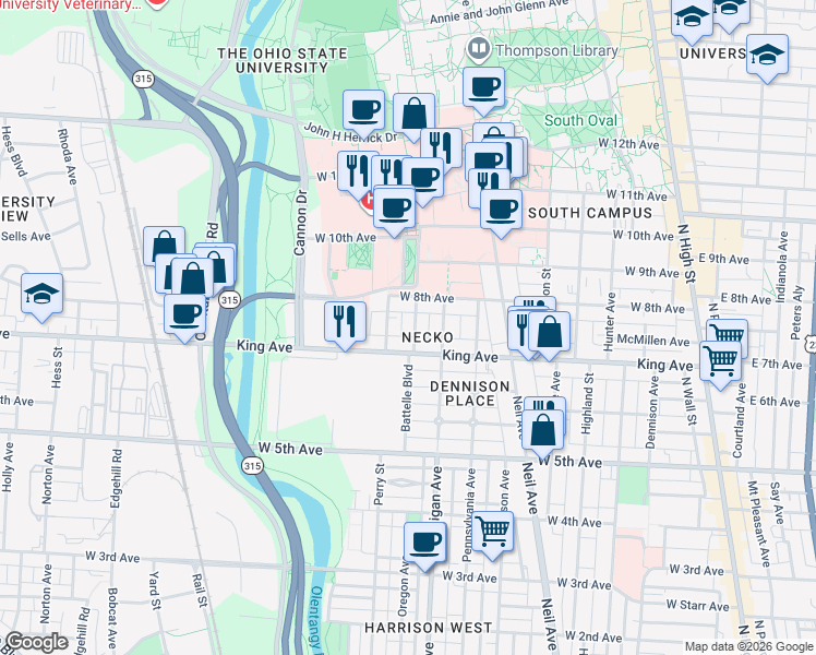 map of restaurants, bars, coffee shops, grocery stores, and more near 1498 Belmont Avenue in Columbus