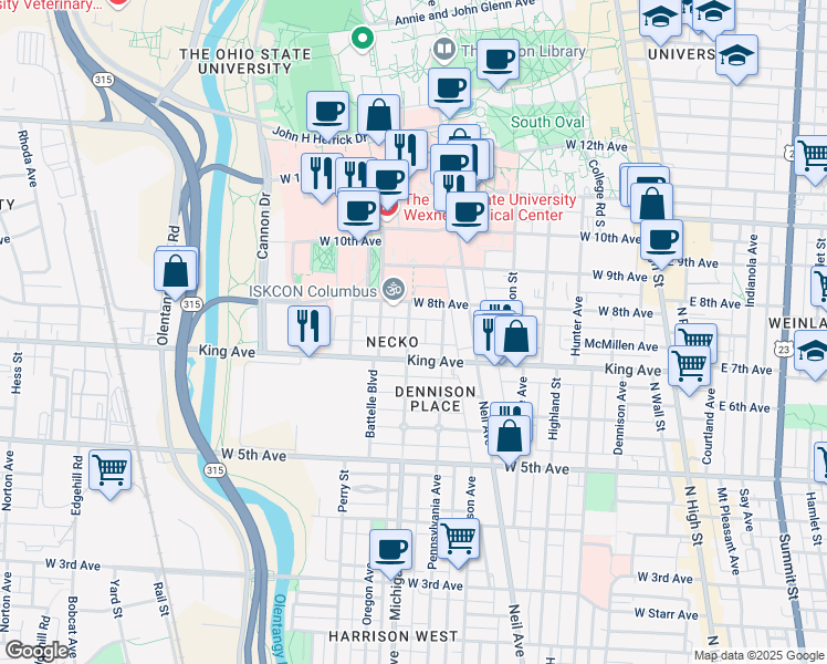 map of restaurants, bars, coffee shops, grocery stores, and more near 1484 Michigan Avenue in Columbus