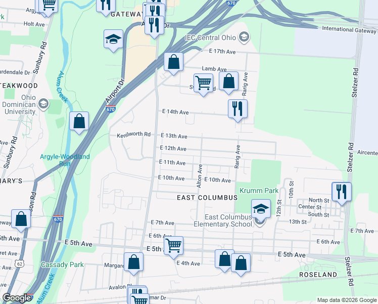 map of restaurants, bars, coffee shops, grocery stores, and more near 2901 East 12th Avenue in Columbus