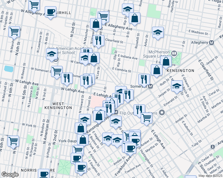 map of restaurants, bars, coffee shops, grocery stores, and more near 201 East Lehigh Avenue in Philadelphia
