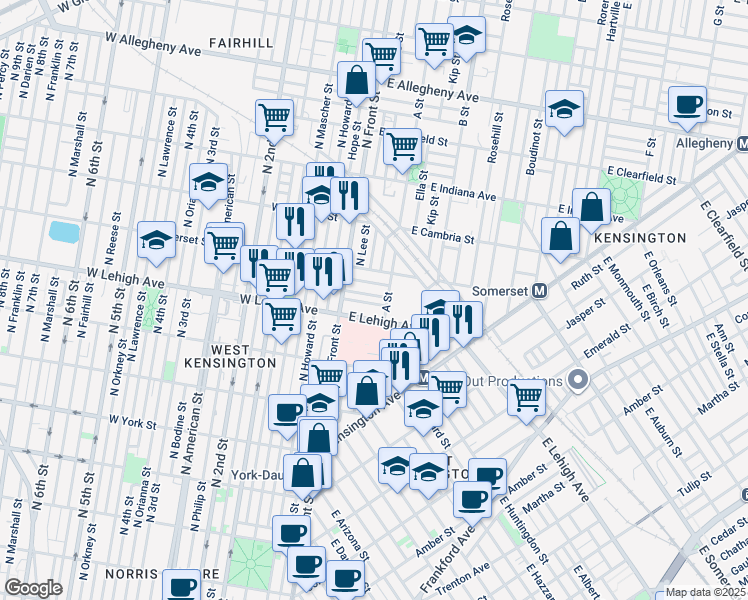 map of restaurants, bars, coffee shops, grocery stores, and more near 41 E Silver St in Philadelphia