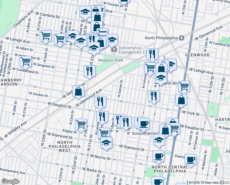 map of restaurants, bars, coffee shops, grocery stores, and more near 2436 North Opal Street in Philadelphia