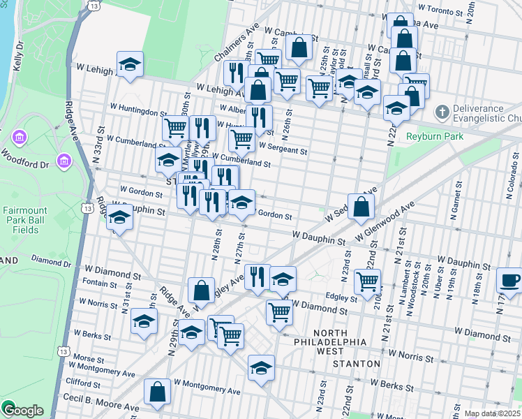 map of restaurants, bars, coffee shops, grocery stores, and more near 2625 West Gordon Street in Philadelphia