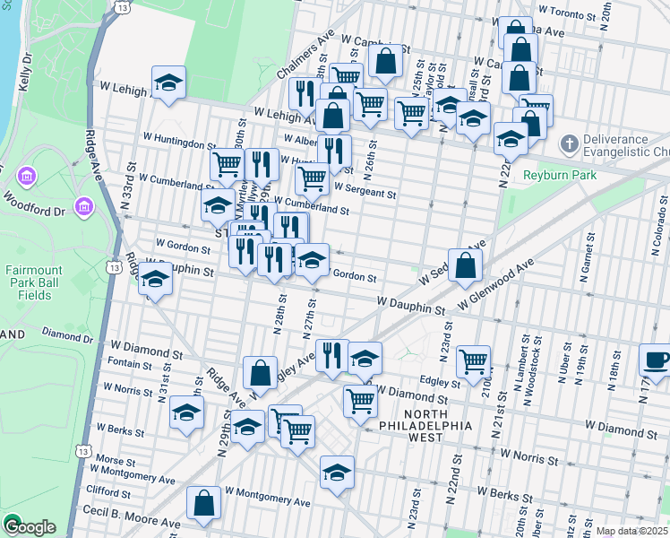 map of restaurants, bars, coffee shops, grocery stores, and more near 2629 West Gordon Street in Philadelphia