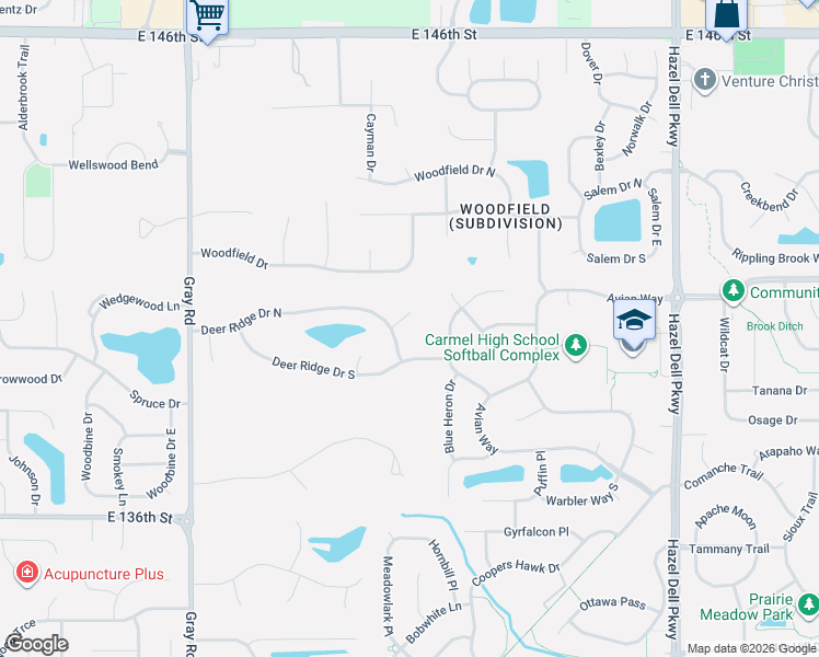 map of restaurants, bars, coffee shops, grocery stores, and more near 5041 Deer Ridge Court in Carmel