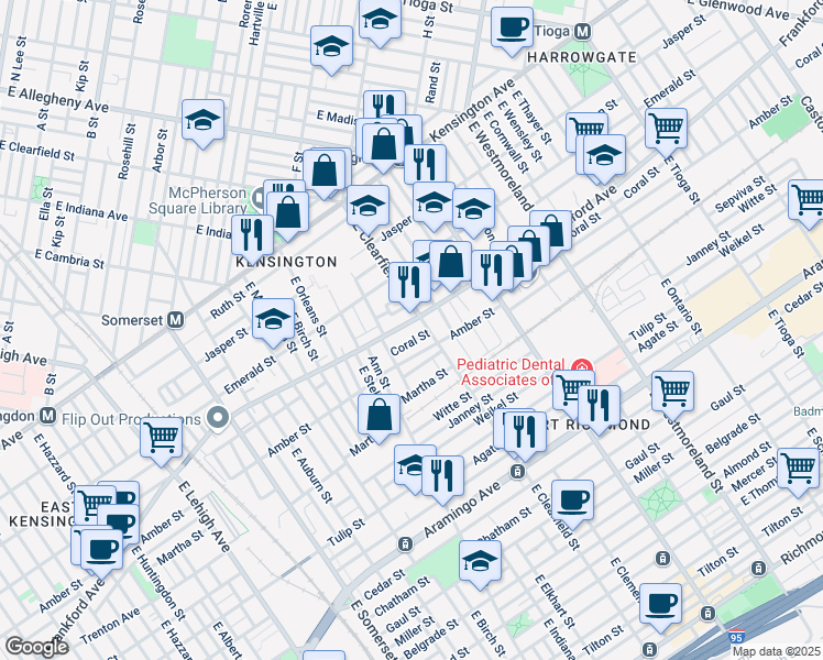 map of restaurants, bars, coffee shops, grocery stores, and more near 2063 East Clearfield Street in Philadelphia