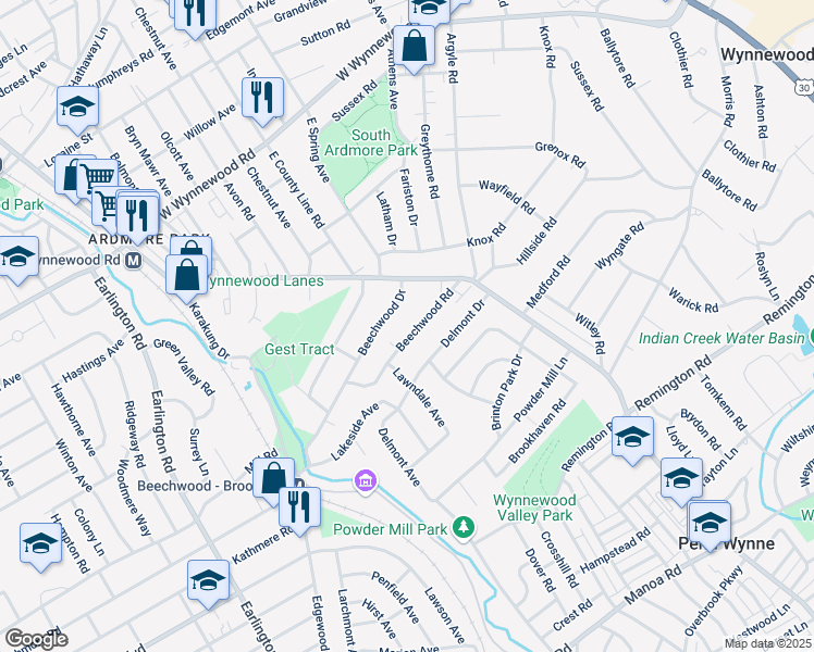 map of restaurants, bars, coffee shops, grocery stores, and more near 863 Beechwood Road in Wynnewood