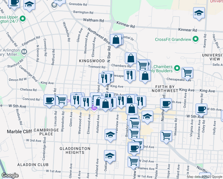 map of restaurants, bars, coffee shops, grocery stores, and more near 1551 King Avenue in Columbus