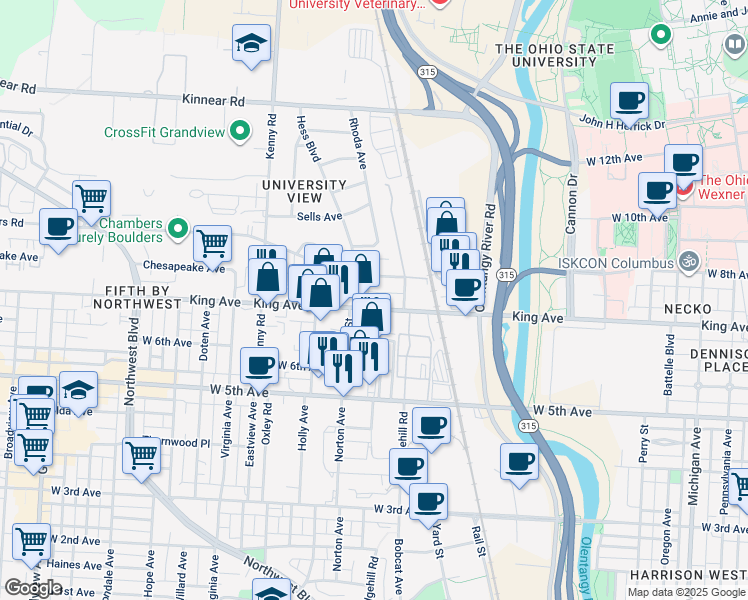 map of restaurants, bars, coffee shops, grocery stores, and more near 904 King Avenue in Columbus