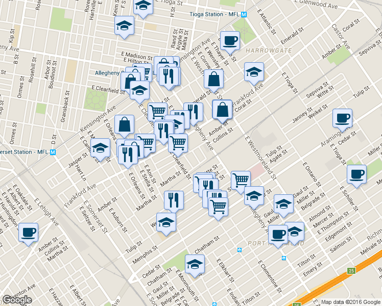 map of restaurants, bars, coffee shops, grocery stores, and more near 2100 East Lippincott Street in Philadelphia