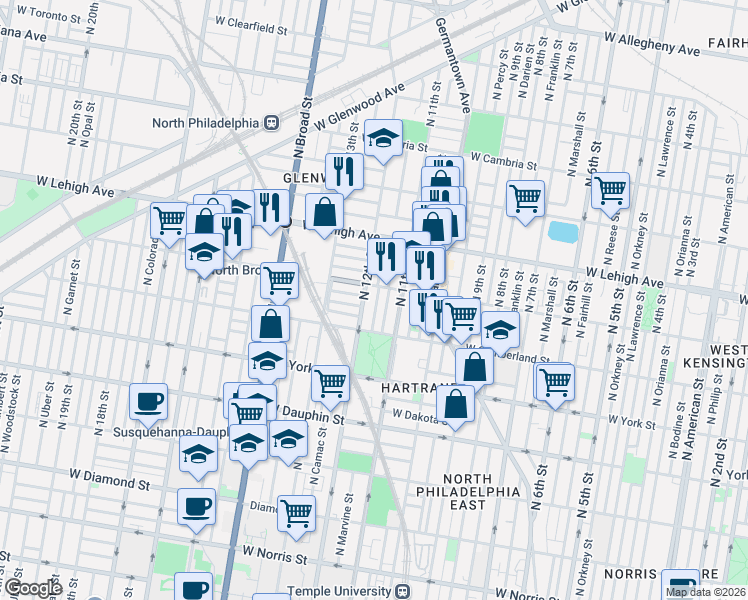 map of restaurants, bars, coffee shops, grocery stores, and more near 2550 North Sartain Street in Philadelphia