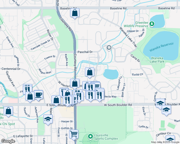 map of restaurants, bars, coffee shops, grocery stores, and more near 1336 Snowberry Lane in Louisville