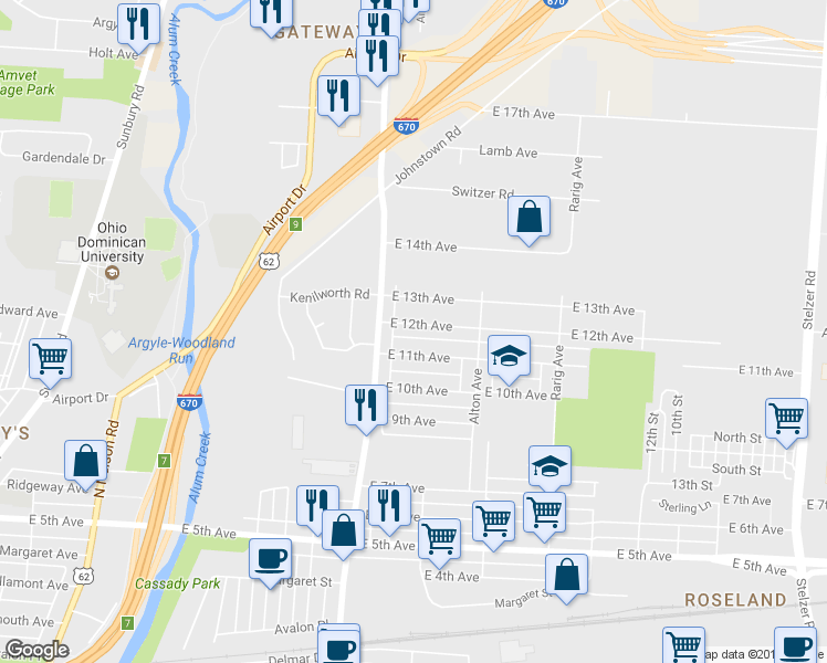 map of restaurants, bars, coffee shops, grocery stores, and more near 2845 E 12th Ave in Columbus