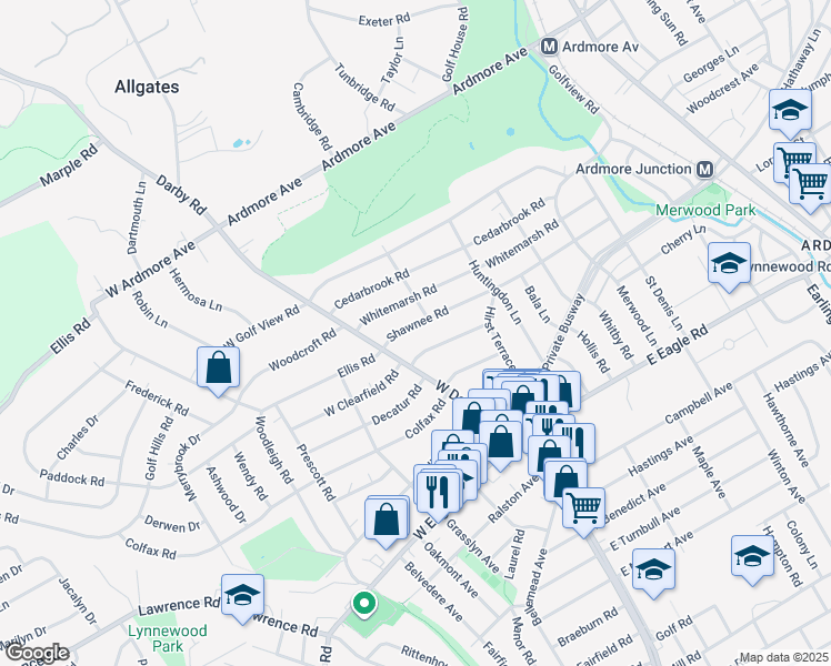 map of restaurants, bars, coffee shops, grocery stores, and more near 27 Shawnee Road in Ardmore