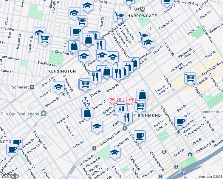 map of restaurants, bars, coffee shops, grocery stores, and more near 2100 East Lippincott Street in Philadelphia