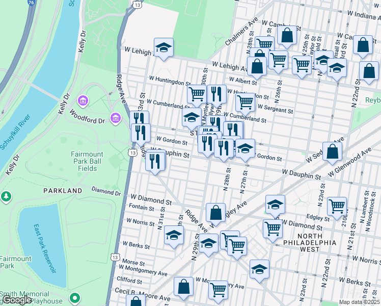 map of restaurants, bars, coffee shops, grocery stores, and more near 3001 West Dauphin Street in Philadelphia
