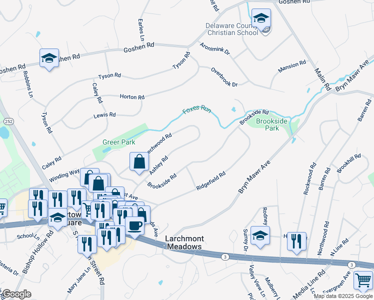 map of restaurants, bars, coffee shops, grocery stores, and more near 141 Ashley Road in Newtown Square