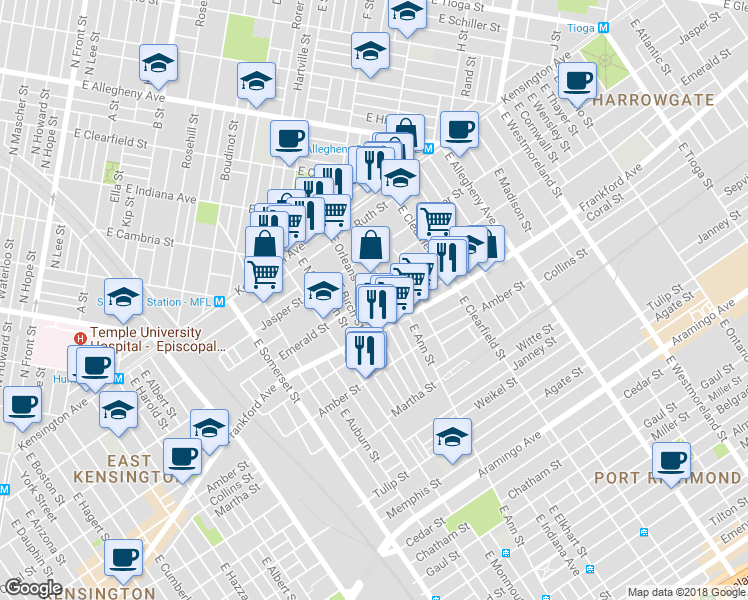 map of restaurants, bars, coffee shops, grocery stores, and more near 2005 East Orleans Street in Philadelphia