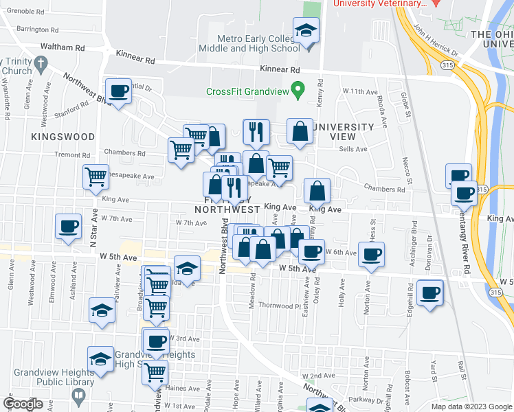 map of restaurants, bars, coffee shops, grocery stores, and more near King Ave & Meadow Rd in Columbus