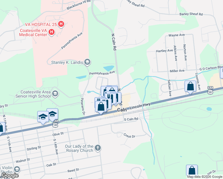 map of restaurants, bars, coffee shops, grocery stores, and more near 15 Fox Avenue in Coatesville