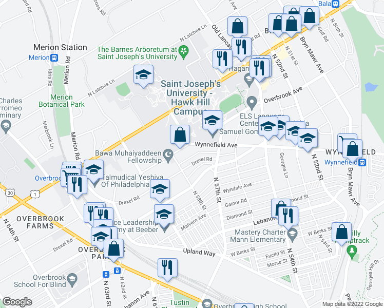 map of restaurants, bars, coffee shops, grocery stores, and more near 5700 Drexel Road in Philadelphia