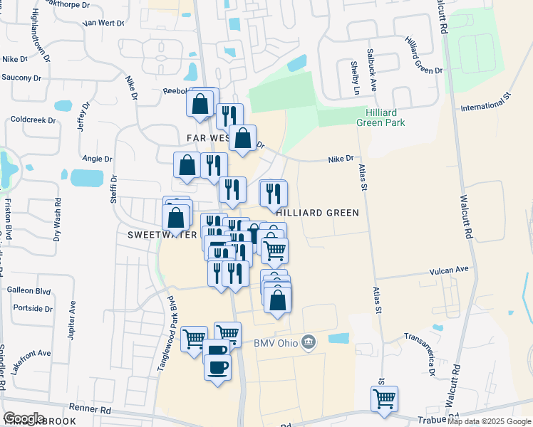 map of restaurants, bars, coffee shops, grocery stores, and more near 1970 Hilliard Rome Road in Hilliard