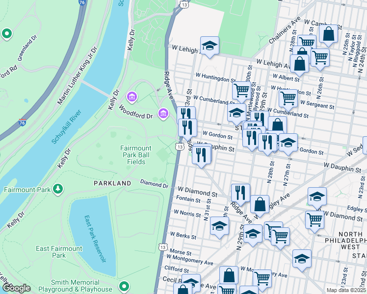 map of restaurants, bars, coffee shops, grocery stores, and more near 2245 North 33rd Street in Philadelphia