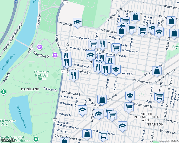 map of restaurants, bars, coffee shops, grocery stores, and more near 3003 West Dauphin Street in Philadelphia