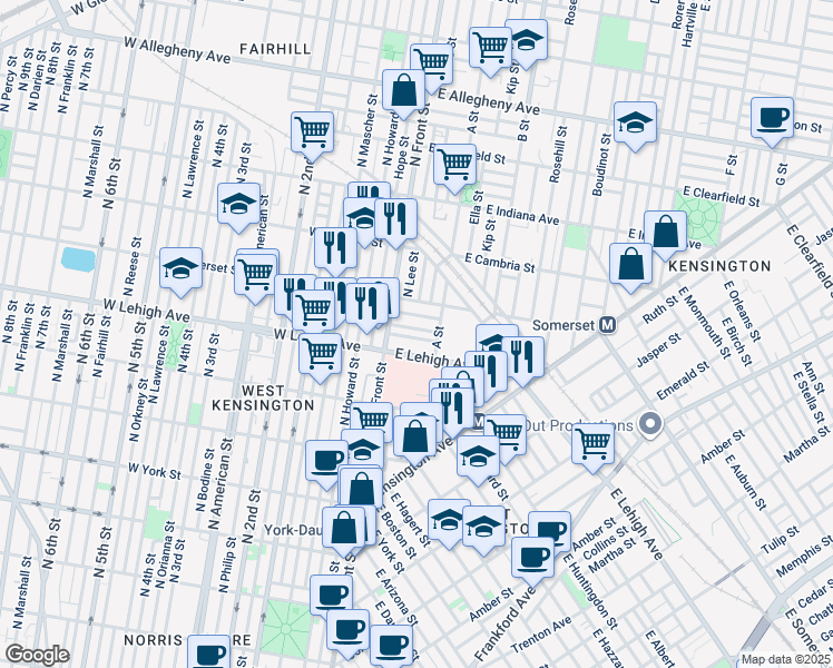 map of restaurants, bars, coffee shops, grocery stores, and more near 31 East Silver Street in Philadelphia