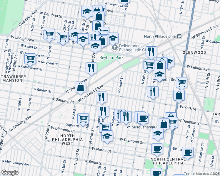 map of restaurants, bars, coffee shops, grocery stores, and more near 2012 West Hagert Street in Philadelphia