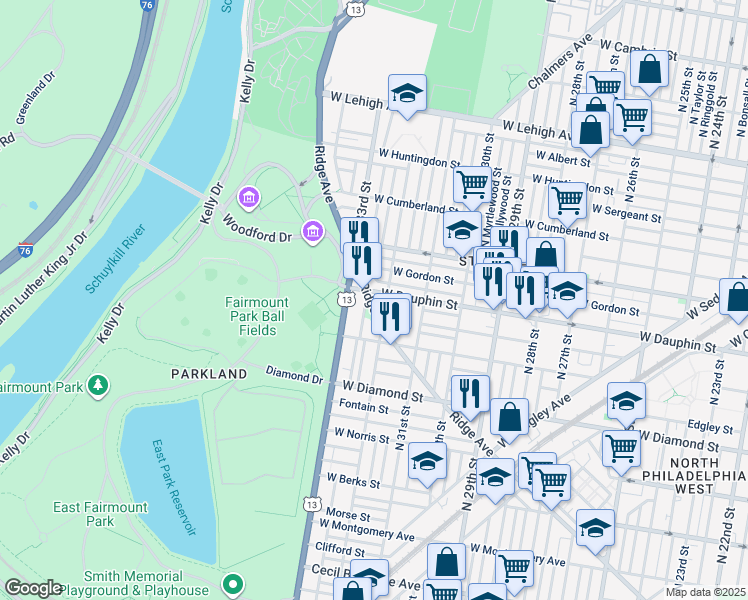 map of restaurants, bars, coffee shops, grocery stores, and more near 3221 Ridge Avenue in Philadelphia