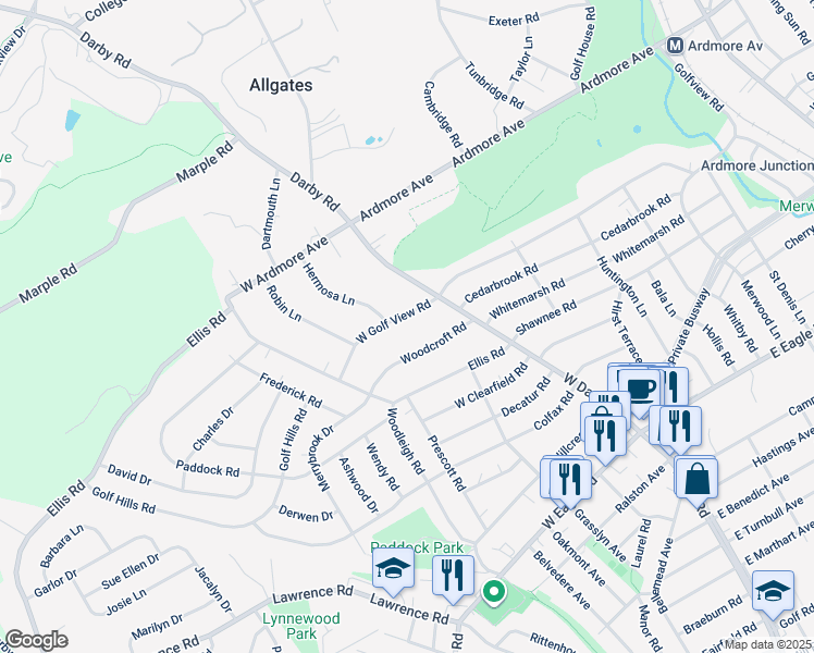 map of restaurants, bars, coffee shops, grocery stores, and more near 17 West Golf View Road in Havertown