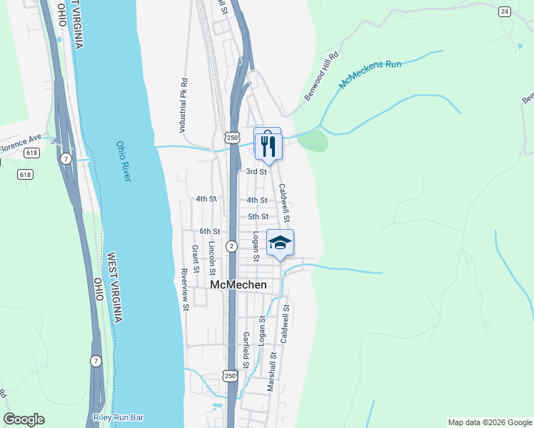 map of restaurants, bars, coffee shops, grocery stores, and more near 35 5th Street in McMechen