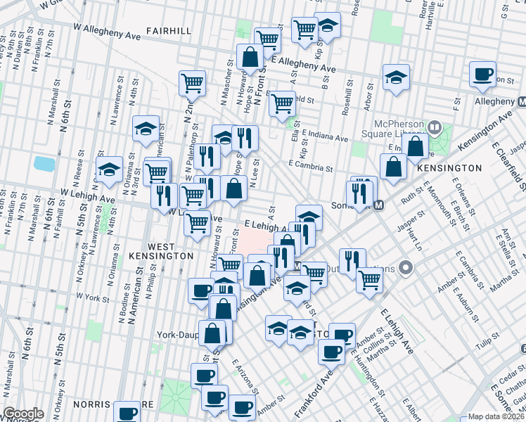 map of restaurants, bars, coffee shops, grocery stores, and more near 105 East Silver Street in Philadelphia