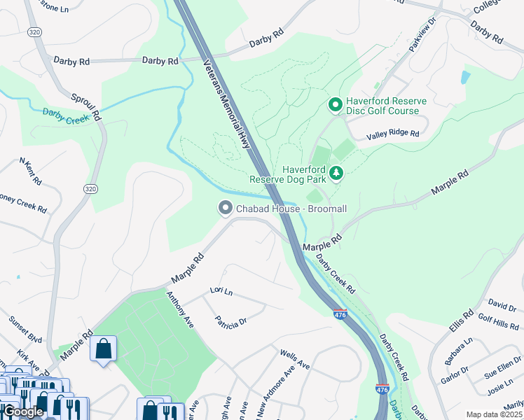 map of restaurants, bars, coffee shops, grocery stores, and more near 420 Marple Road in Broomall