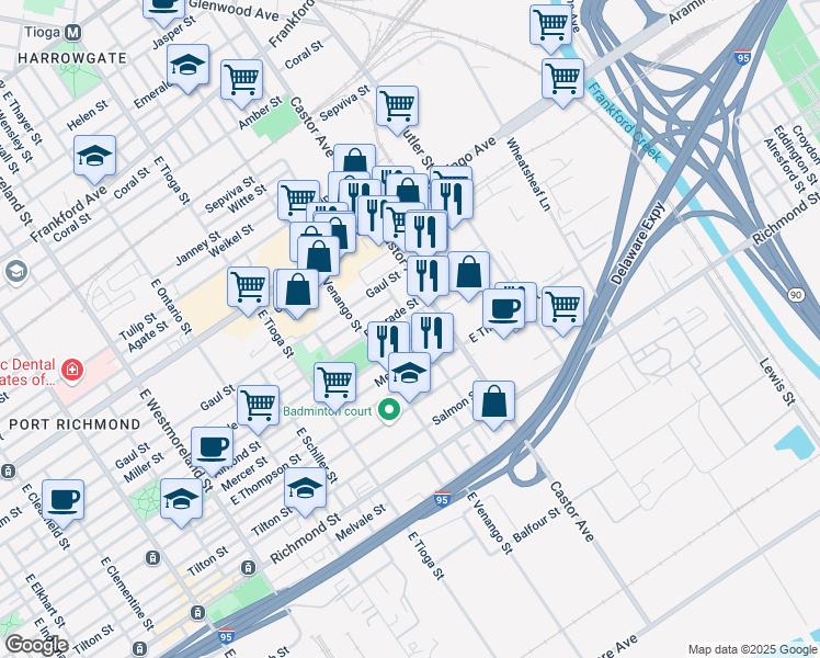map of restaurants, bars, coffee shops, grocery stores, and more near 2539 Pickwick Street in Philadelphia