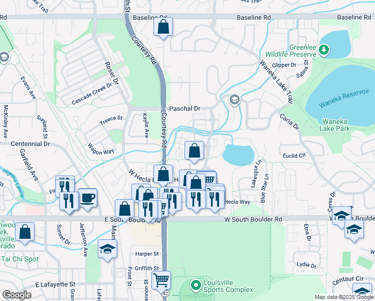 map of restaurants, bars, coffee shops, grocery stores, and more near 1319 Snowberry Lane in Louisville
