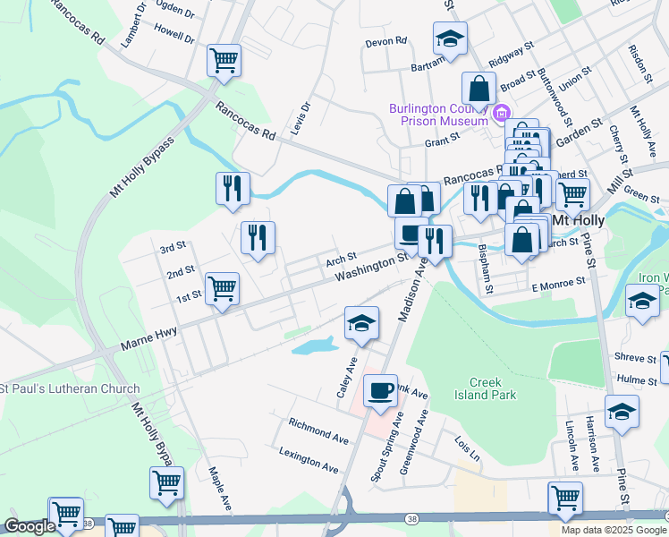 map of restaurants, bars, coffee shops, grocery stores, and more near 209 Washington Street in Mount Holly