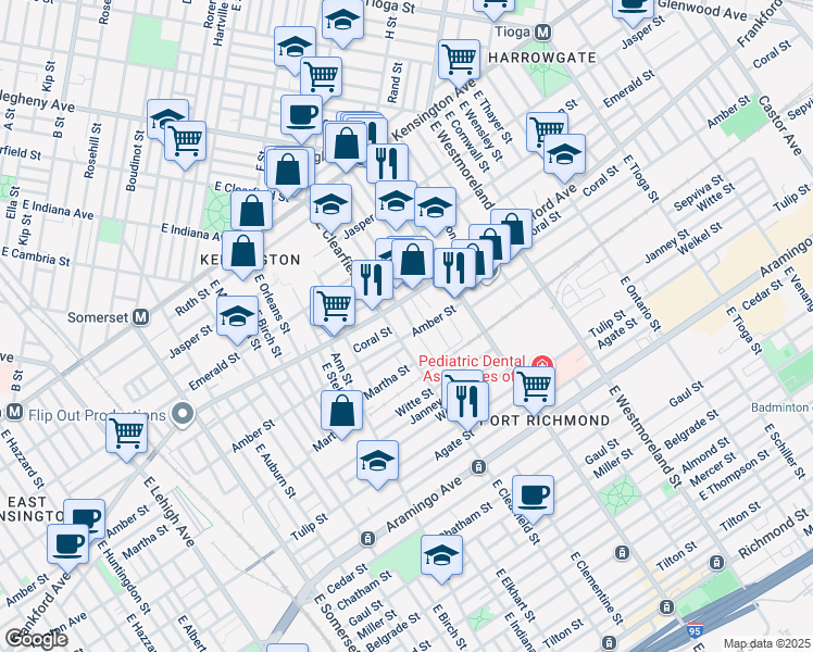 map of restaurants, bars, coffee shops, grocery stores, and more near 2063 East Clearfield Street in Philadelphia
