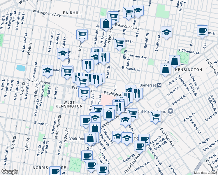 map of restaurants, bars, coffee shops, grocery stores, and more near 31 East Silver Street in Philadelphia
