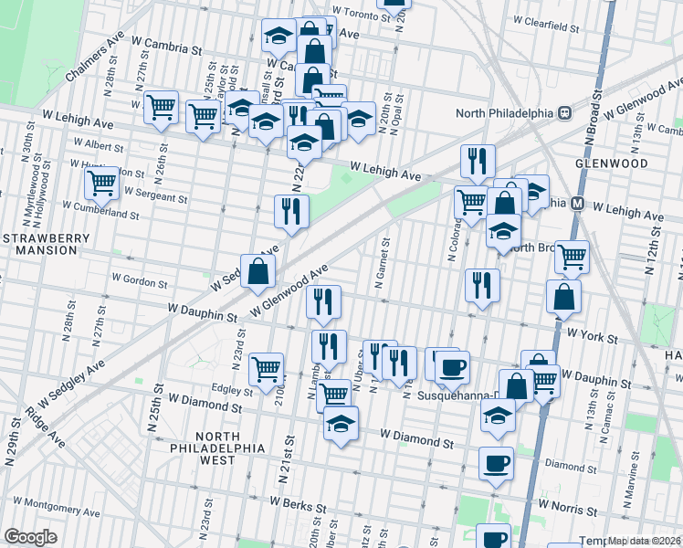 map of restaurants, bars, coffee shops, grocery stores, and more near 2000 West Hagert Street in Philadelphia