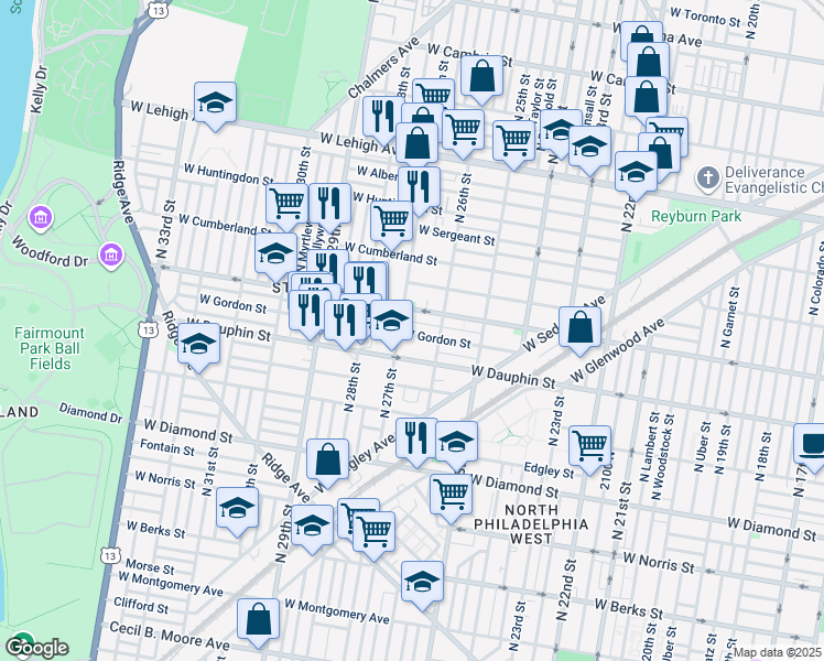map of restaurants, bars, coffee shops, grocery stores, and more near 2641 West Gordon Street in Philadelphia