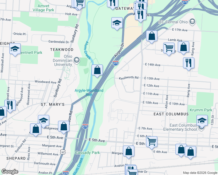 map of restaurants, bars, coffee shops, grocery stores, and more near 1001 Parkview Boulevard in Columbus