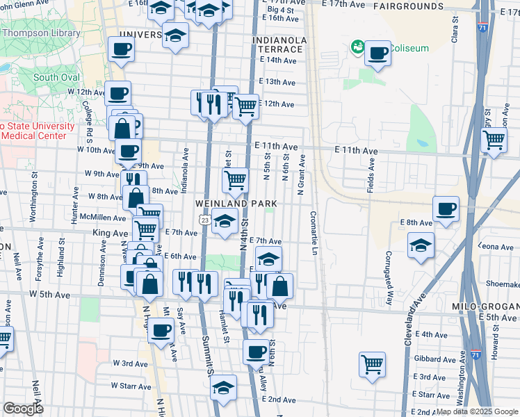 map of restaurants, bars, coffee shops, grocery stores, and more near 1384 North 5th Street in Columbus