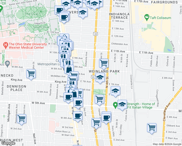 map of restaurants, bars, coffee shops, grocery stores, and more near 1393 Peters Alley in Columbus
