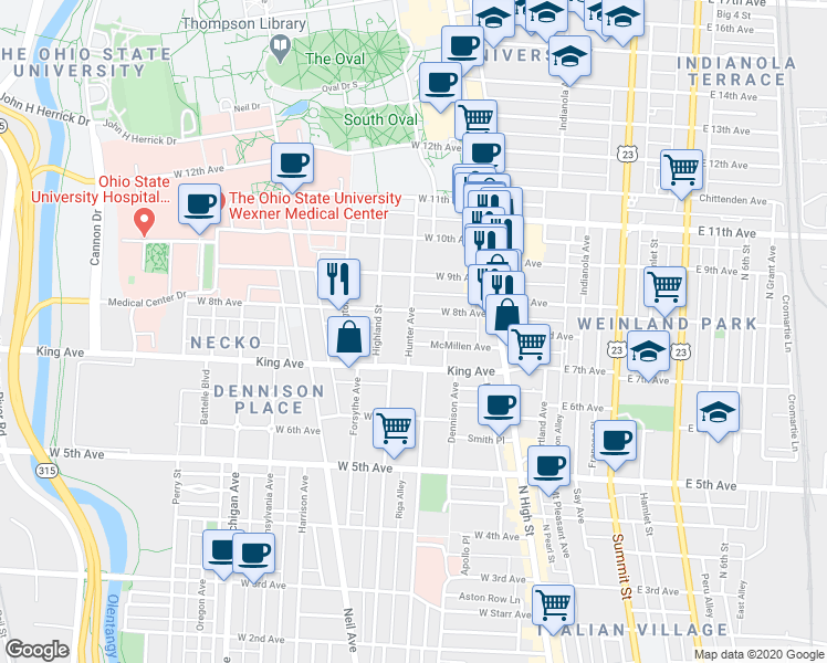 map of restaurants, bars, coffee shops, grocery stores, and more near in Columbus