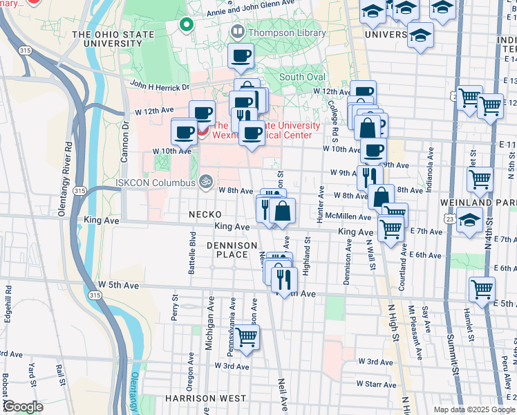 map of restaurants, bars, coffee shops, grocery stores, and more near 1461 Worthington Street in Columbus